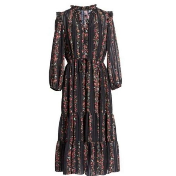 JULIA JORDAN Floral Stripe Print Ruffle-Trim Pleated Drawstring Dress Size 4 - Picture 3 of 9